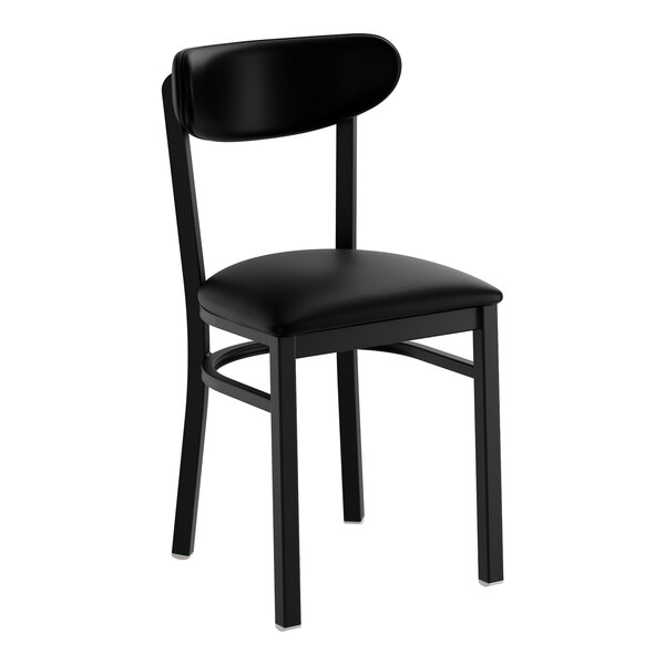 A black metal chair with a black vinyl padded seat and backrest.