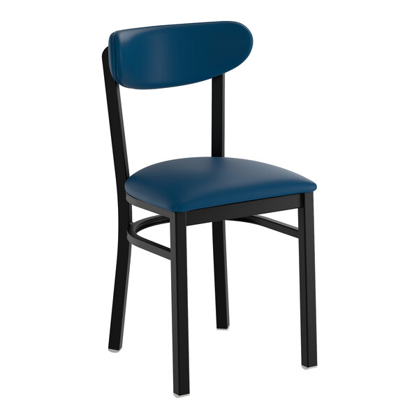 A black metal chair with a navy vinyl seat and backrest.