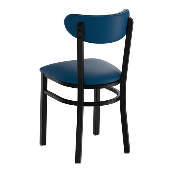 A black metal chair with a navy vinyl seat and backrest.
