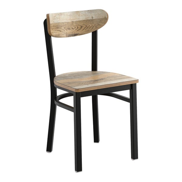 A black metal chair with a driftwood-finished wooden seat and backrest.