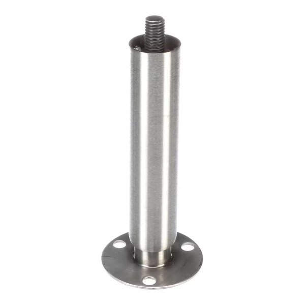 A metal security leg with a round base and threaded top, designed for equipment support.