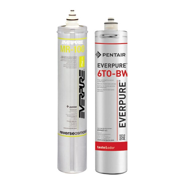 A pair of Everpure replacement filter cartridges, model MR-100 and 6TO-BW, designed for the MRS-100 reverse osmosis system.