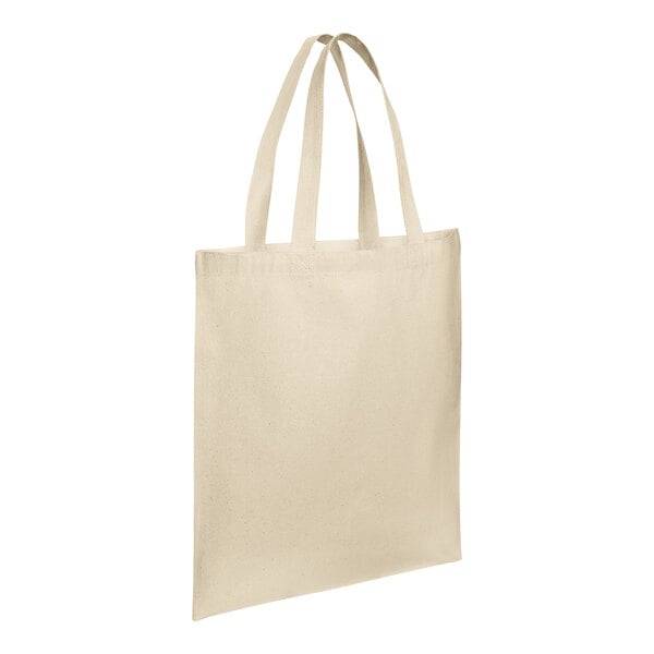 A plain natural-colored reusable cotton tote bag with two handles.