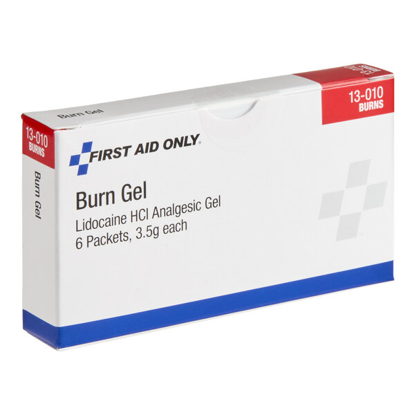 A box of First Aid Only burn gel packets containing lidocaine HCl analgesic gel.