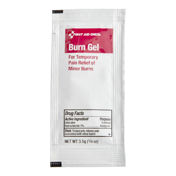 A single-use packet of First Aid Only burn gel for temporary pain relief of minor burns.