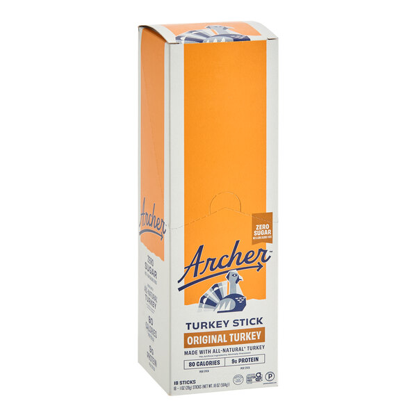A box of Archer Original Turkey Meat Sticks, 1 oz each, containing 108 sticks per case.