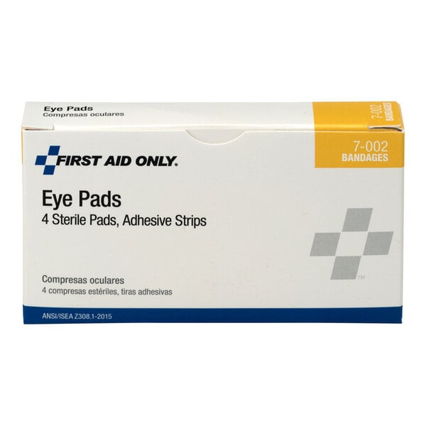 A box of First Aid Only eye pads with adhesive strips, containing 4 sterile pads.