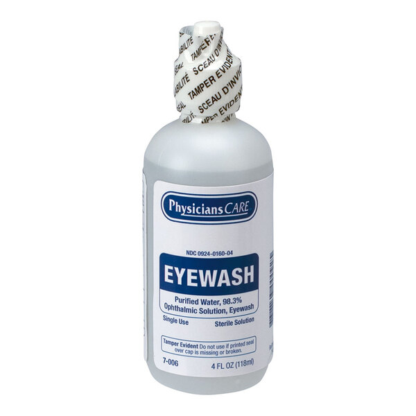 A 4 oz. bottle of PhysiciansCare eyewash solution.