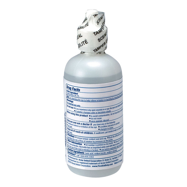 A 4 oz. bottle of PhysiciansCare eyewash with a tamper-evident seal.