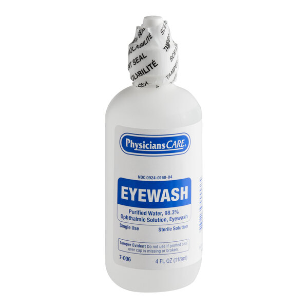 A 4 oz. bottle of PhysiciansCare eyewash solution.
