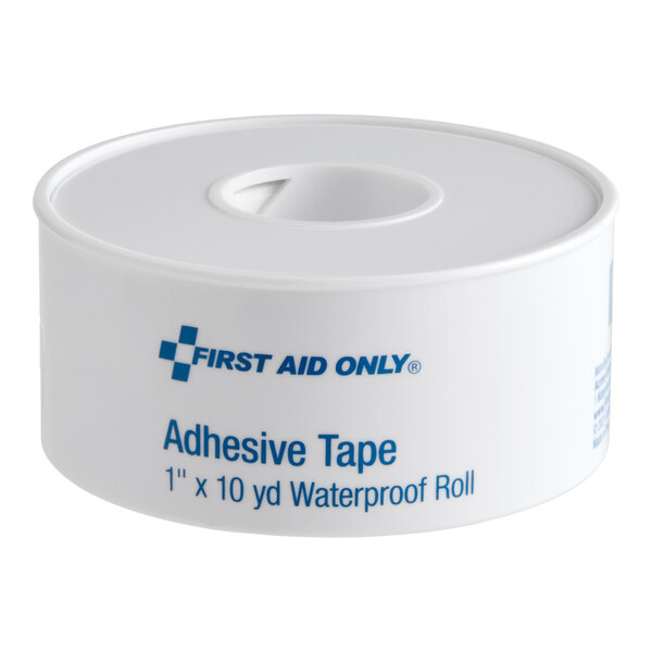 A roll of First Aid Only 1 inch by 10 yard waterproof adhesive tape in a white plastic dispenser.