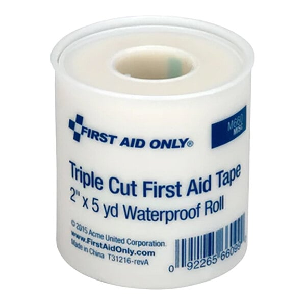 A roll of First Aid Only triple cut first aid tape, 2 inches by 5 yards, waterproof.
