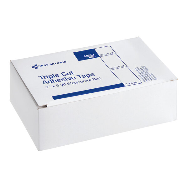 A box of First Aid Only triple cut adhesive tape rolls, waterproof and sized 3/8"-1" x 5 yards, with 180 rolls per case.