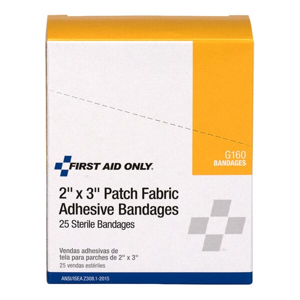 A box of First Aid Only 2" x 3" patch fabric adhesive bandages containing 25 sterile bandages.