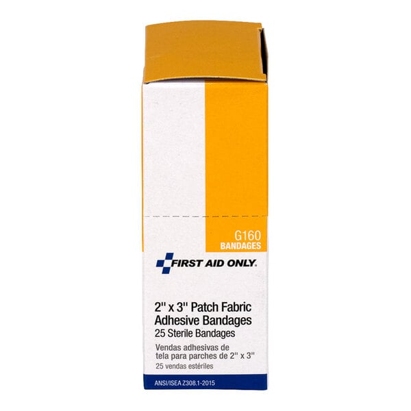 A box of First Aid Only G160 2" x 3" heavy woven fabric sterile adhesive patch bandages containing 25 pieces.