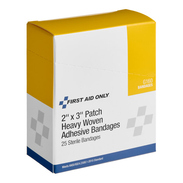 A box of First Aid Only 2" x 3" heavy woven adhesive bandages containing 25 sterile bandages.
