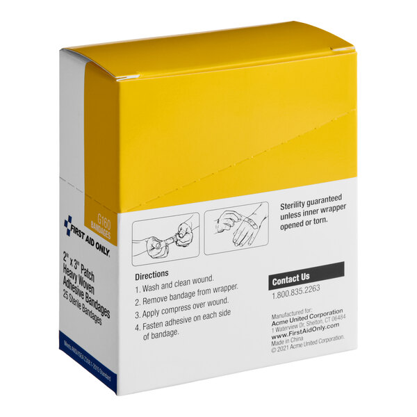 A box of First Aid Only 2" x 3" heavy-woven fabric sterile adhesive patch bandages.