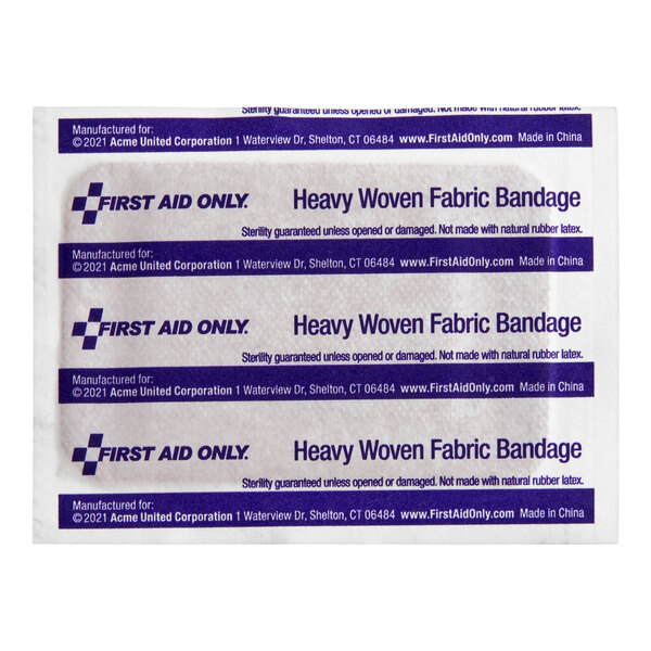 A package of First Aid Only heavy woven fabric sterile adhesive patch bandages.