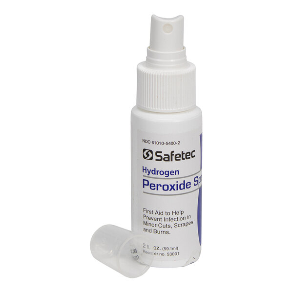A 2 oz. bottle of Safetec hydrogen peroxide spray with a white cap and label.