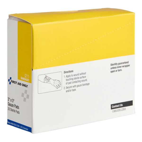 A box of First Aid Only 3" x 3" sterile gauze pads containing 20 pads.