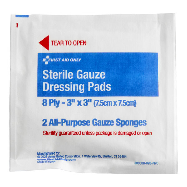 A package of First Aid Only 3" x 3" sterile gauze dressing pads containing 2 all-purpose gauze sponges.