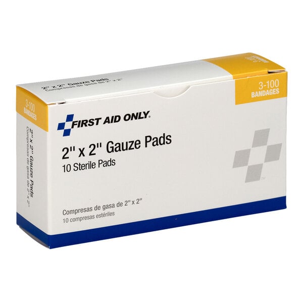 A box of First Aid Only 2" x 2" sterile gauze pads containing 10 pads.