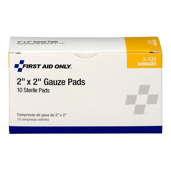 A box of First Aid Only 2" x 2" sterile gauze pads containing 10 pads.