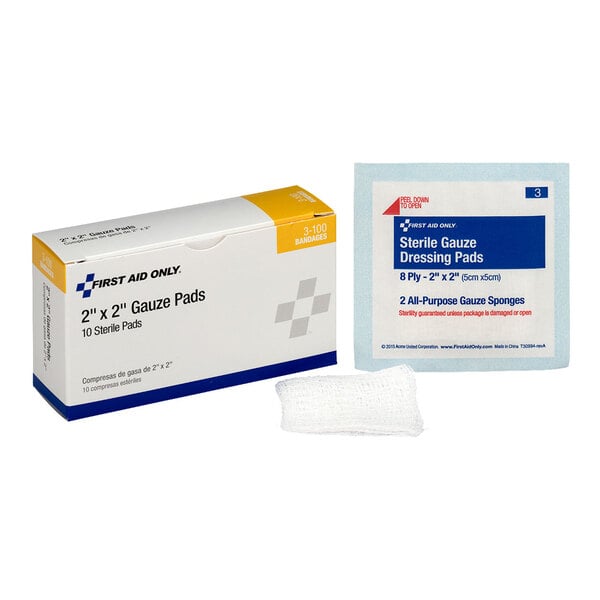 A box, packet, and individual piece of 2" x 2" sterile gauze dressing pads from First Aid Only.