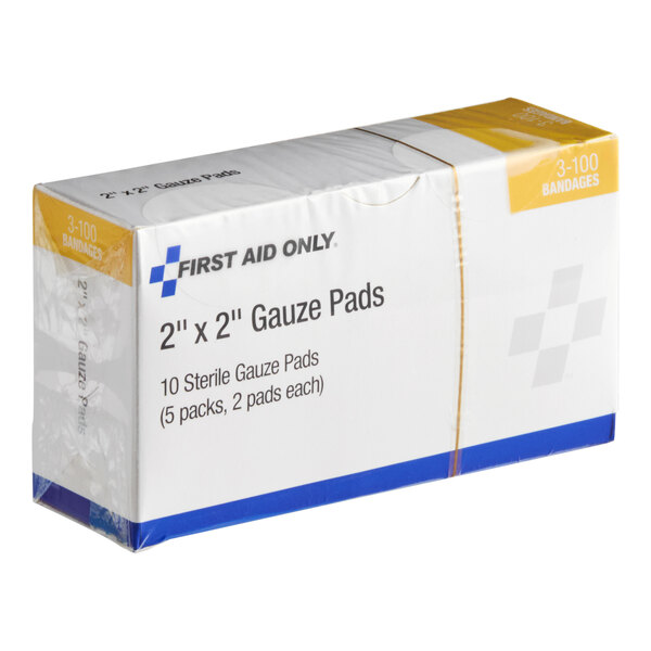 A box of First Aid Only 2" x 2" sterile gauze pads.
