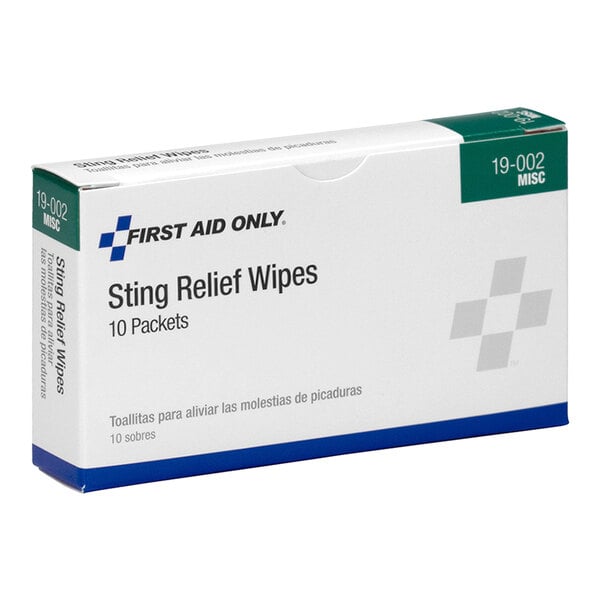 A box of First Aid Only Sting Relief Wipes containing 10 packets.