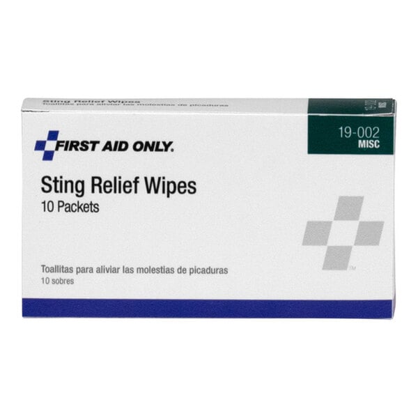 A box of First Aid Only Sting Relief Wipes containing 10 packets.