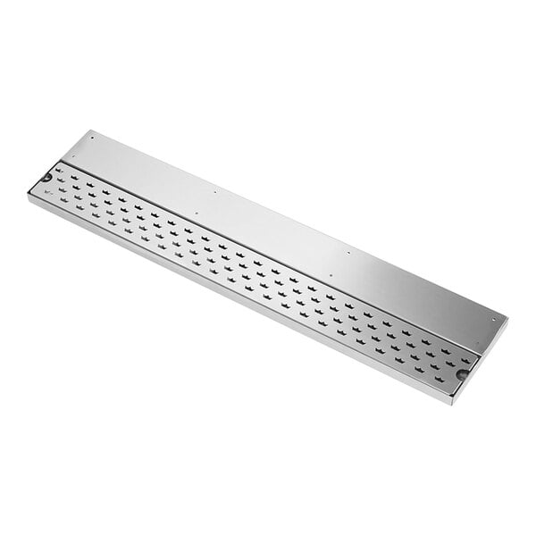 A 36-inch stainless steel undermount drink rail drainer with perforated surface for drainage.