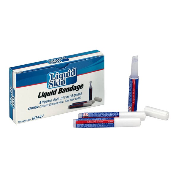 A box of First Aid Only Liquid Skin liquid bandage with four small pipette tubes.
