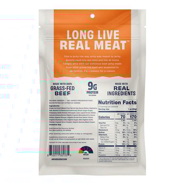 A 2.5 oz. package of Archer Original Beef Jerky made with 100% grass-fed beef and real ingredients.