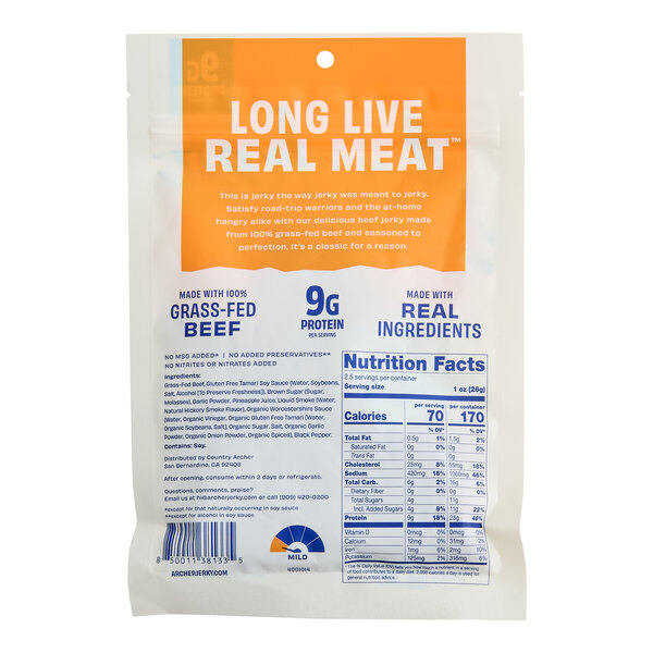 A 2.5 oz. bag of Archer Original Beef Jerky made with 100% grass-fed beef and real ingredients.