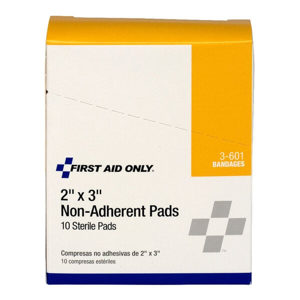 A box of First Aid Only 2" x 3" non-adherent sterile pads containing 10 pads.