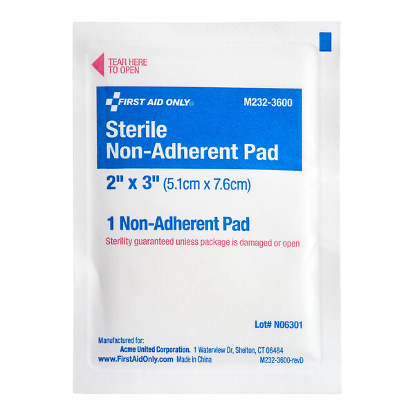 A sterile non-adherent pad in a sealed package measuring 2 inches by 3 inches.