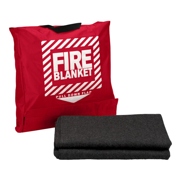A wool fire blanket measuring 62x84 inches, shown with a red hang pouch labeled 'Fire Blanket.'