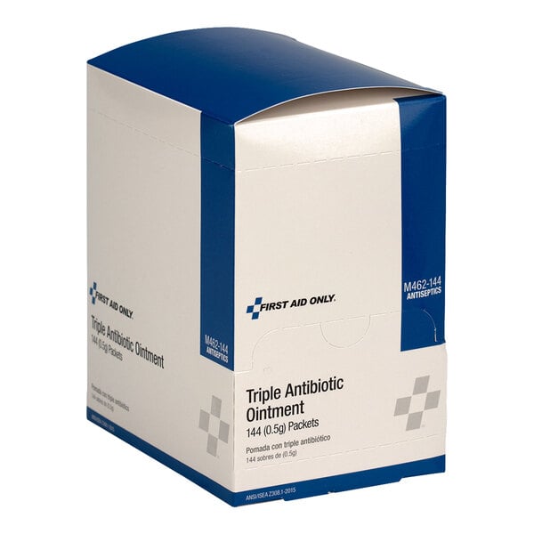 A box of First Aid Only triple antibiotic ointment containing 144 packets.