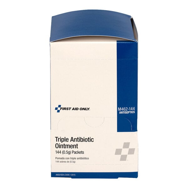 A box of First Aid Only triple antibiotic ointment containing 144 packets.