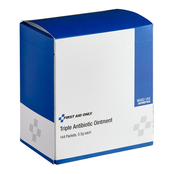 A box of First Aid Only triple antibiotic ointment packets, containing 144 packets of 0.5 grams each.