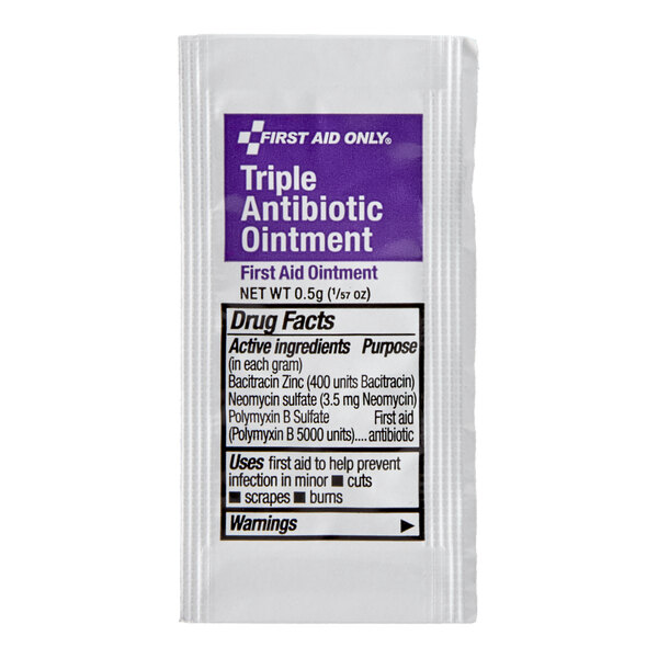 A single-use packet of First Aid Only triple antibiotic ointment.