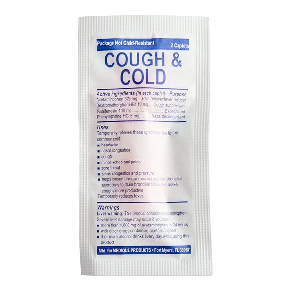 A packet of PhysiciansCare non-drowsy cold and cough tablets containing 2 caplets.