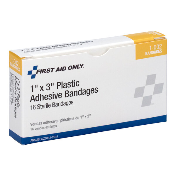 A box of First Aid Only 1" x 3" plastic adhesive bandages containing 16 sterile bandages.