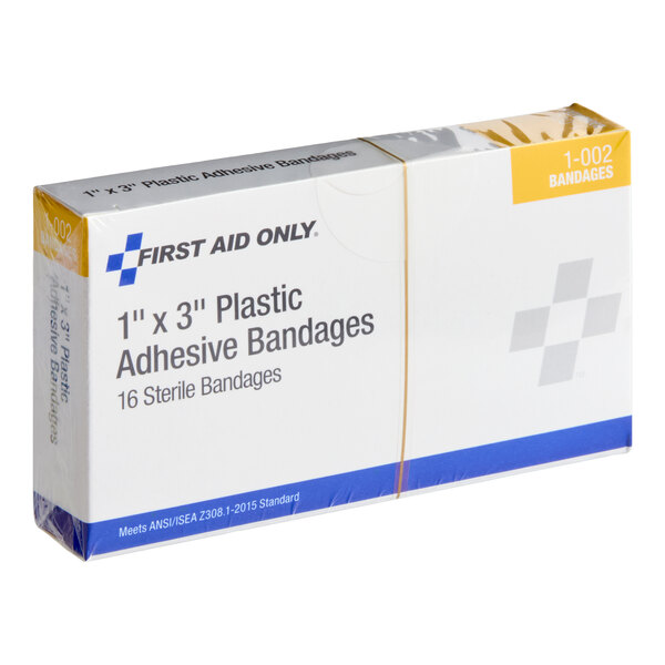 A box of First Aid Only 1" x 3" plastic adhesive bandages containing 16 sterile bandages.