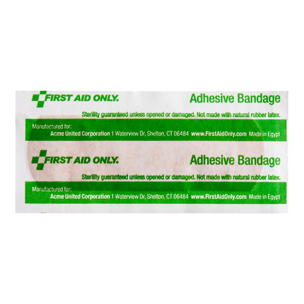 A sterile adhesive bandage strip in a plastic wrapper labeled 'First Aid Only'.