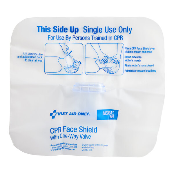 A plastic CPR face shield with a one-way valve for single use, designed for trained persons to provide rescue breathing.