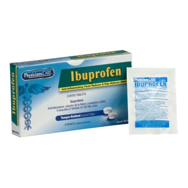 A box of PhysiciansCare Ibuprofen Tablets with an individual packet displayed beside it.