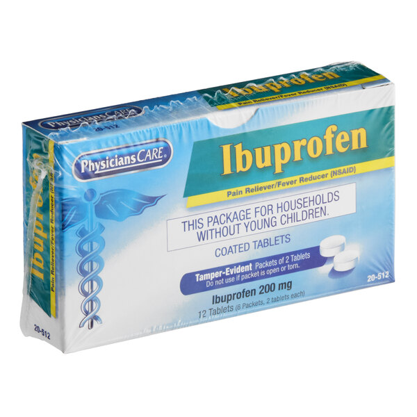 A box of PhysiciansCare Ibuprofen 200 mg coated tablets.