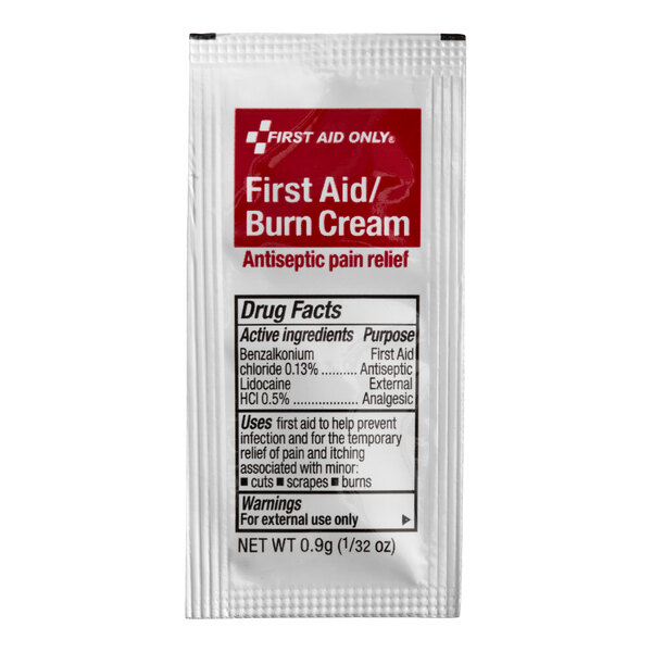 A single-use packet of First Aid Only burn cream for antiseptic pain relief.
